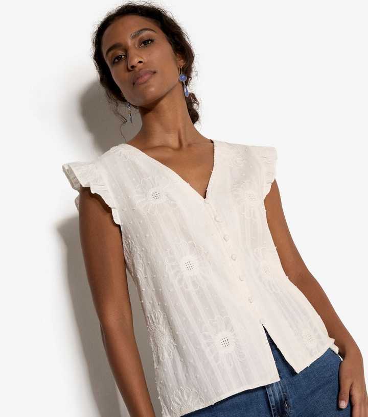 Apricot White Embroidered Daisy Button Up Top