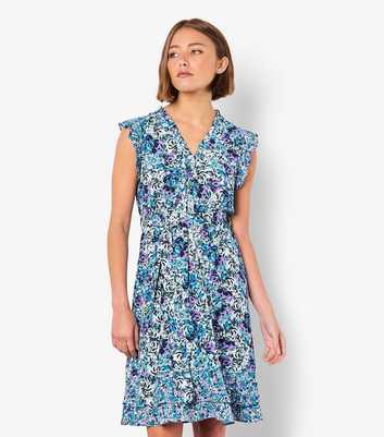 Apricot Blue Floral Print V-Neck Dress