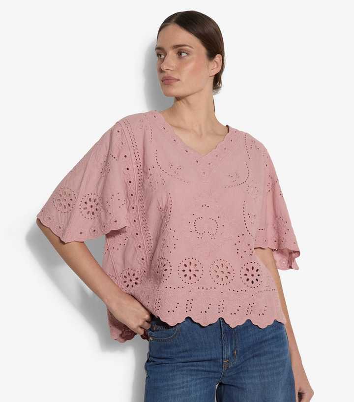 Apricot Pink Embroidered V-Neck Top
