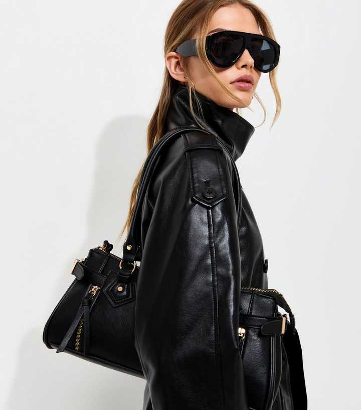 Black Faux Leather Funnel Neck Belted Cropped Trench Coat