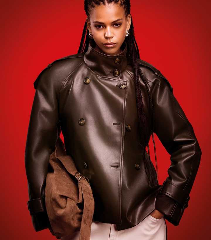 Dark Brown Faux Leather Belted Cropped Trench Jacket