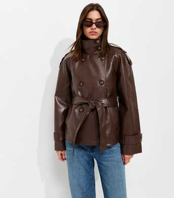 Dark Brown Faux Leather Funnel Neck Belted Jacket