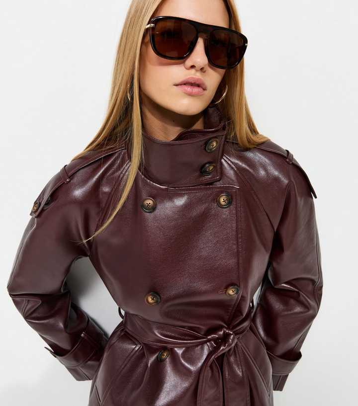 Burgundy Faux Leather Belted Cropped Trench Coat