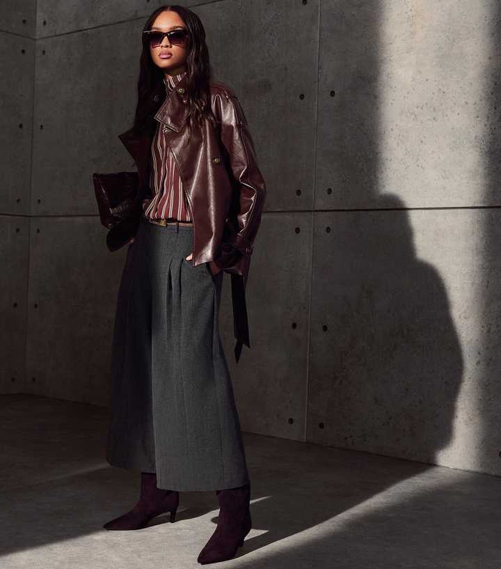 Dark Burgundy Faux Leather Funnel Neck Belted Jacket