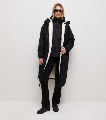 Black Fleece Lined Long Line Raincoat