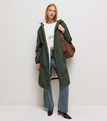 Dark Khaki Fleece Lined Long Line Raincoat