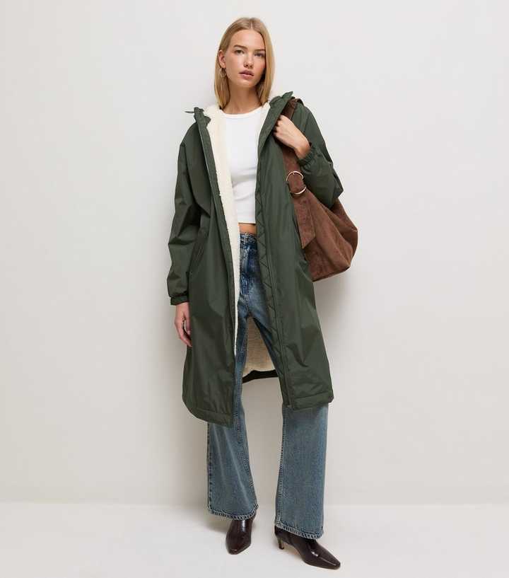 Dark Khaki Fleece Lined Long Line Shower Resistant Raincoat