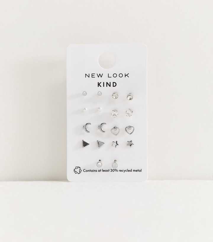 Pack of 9 Silver Tone Mixed Stud Earrings
