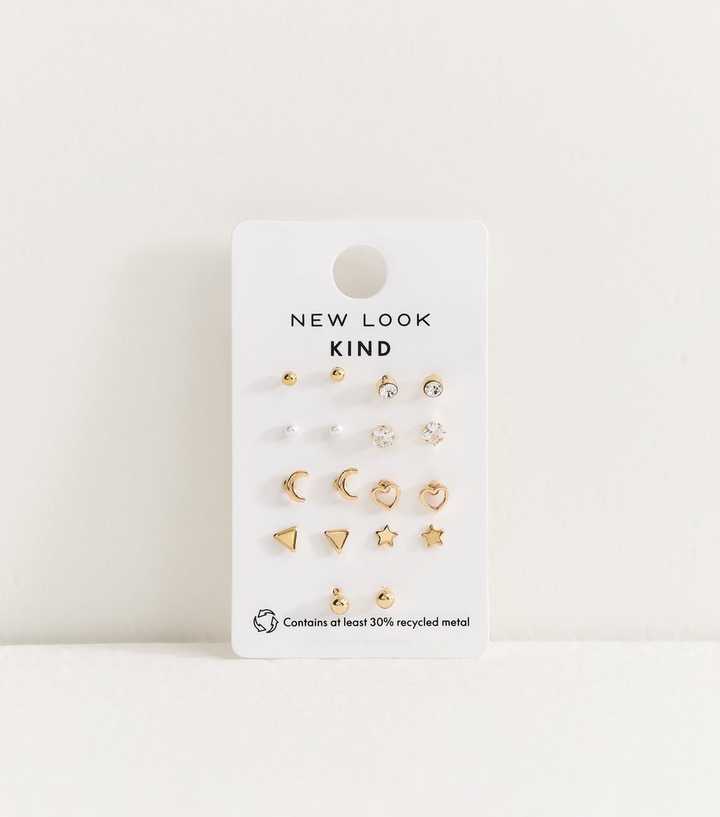 Pack of 9 Gold Tone Mixed Stud Earrings
