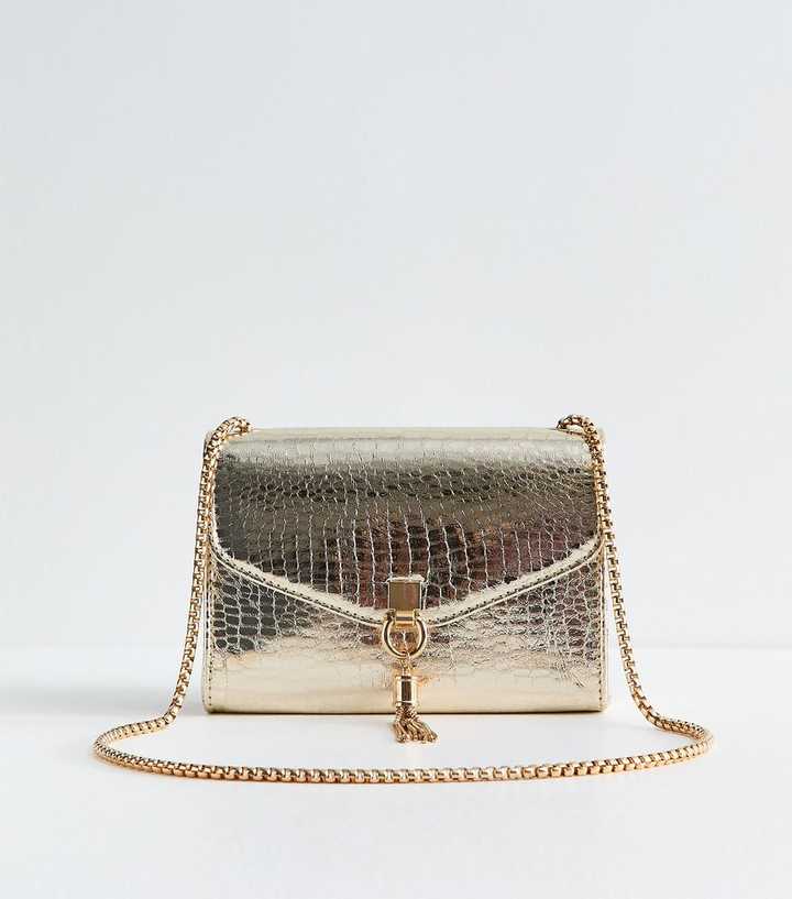 Gold Faux Leather Tassel Trim Lizard Texture Crossbody Bag