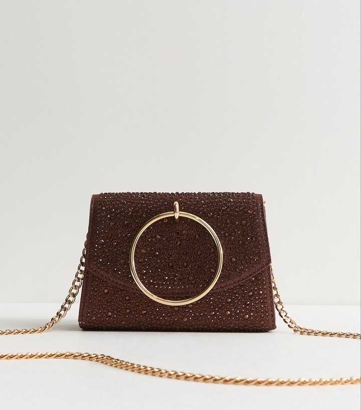Dark Brown Gem Embellished Circular Handle Clutch Bag