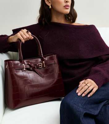 Dark Burgundy Faux Leather Belted Crocodile Embossed Tote Bag
