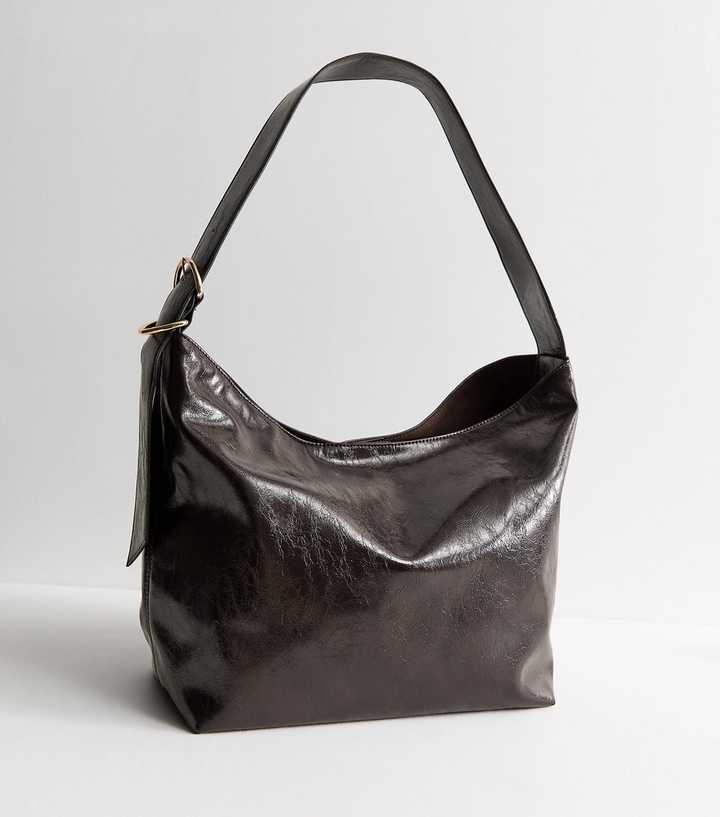 Dark Brown Faux Leather Buckle Detail Hobo Shoulder Bag