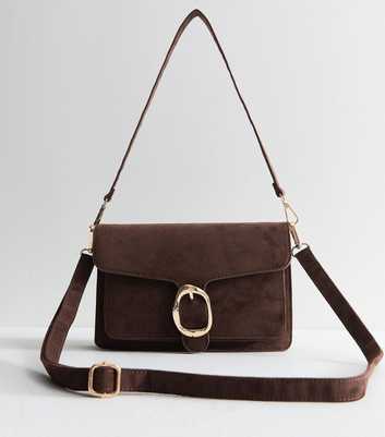 Dark Brown Faux Suede Sculpted Buckle Shoulder Bag