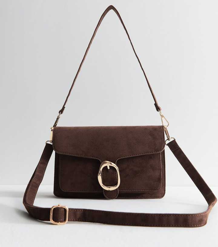 Dark Brown Faux Suede Sculpted Buckle Shoulder Bag