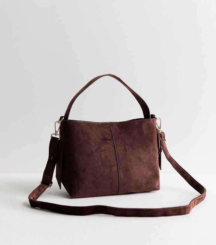 Dark Brown Faux Suede Buckle Detail Shoulder Bag