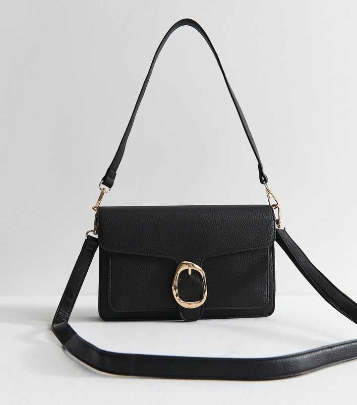 Black Pebbled Faux Leather Buckle Shoulder Bag
