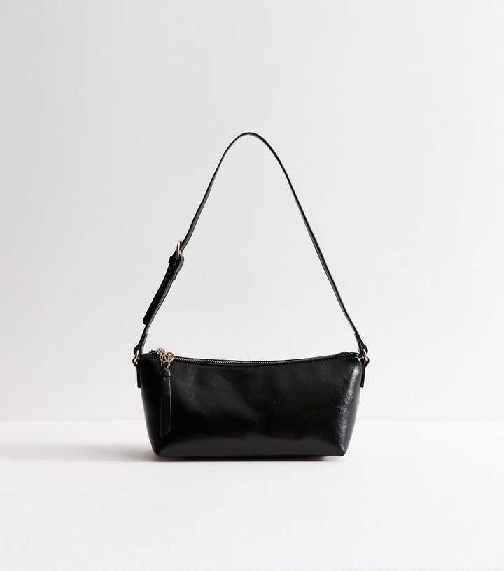 Black Faux Leather Crocodile Embossed Baguette Shoulder Bag