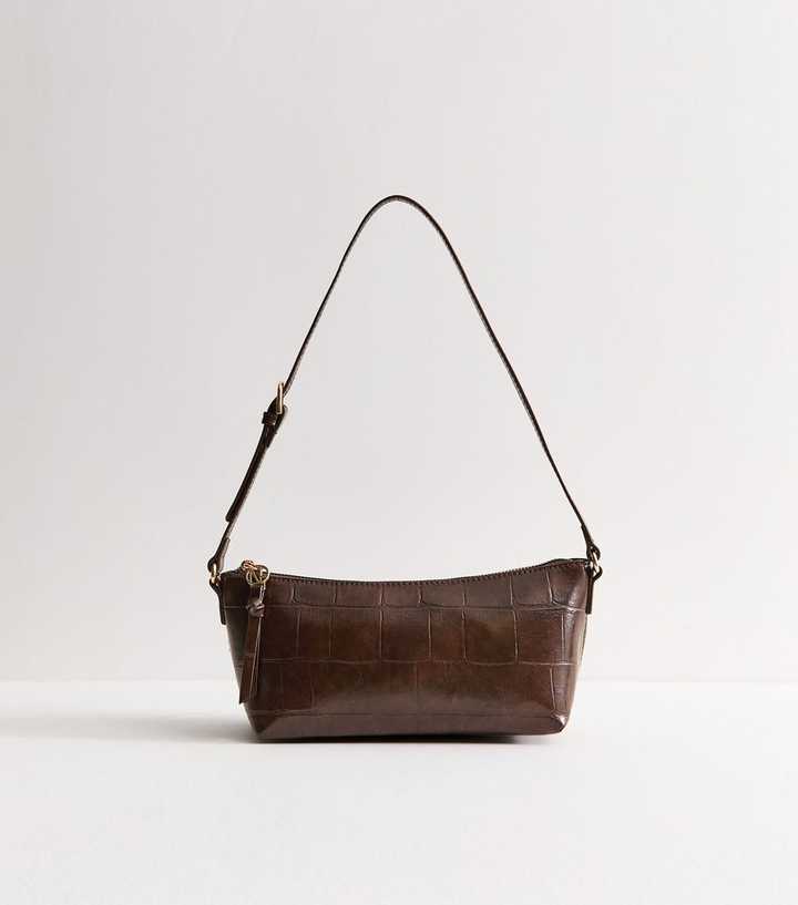 Dark Brown Faux Leather Baguette-Style Shoulder Bag