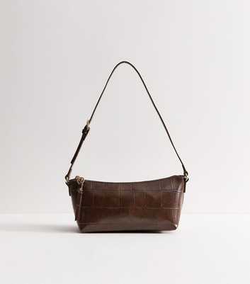 Dark Brown Faux Leather Crocodile Embossed Baguette Shoulder Bag