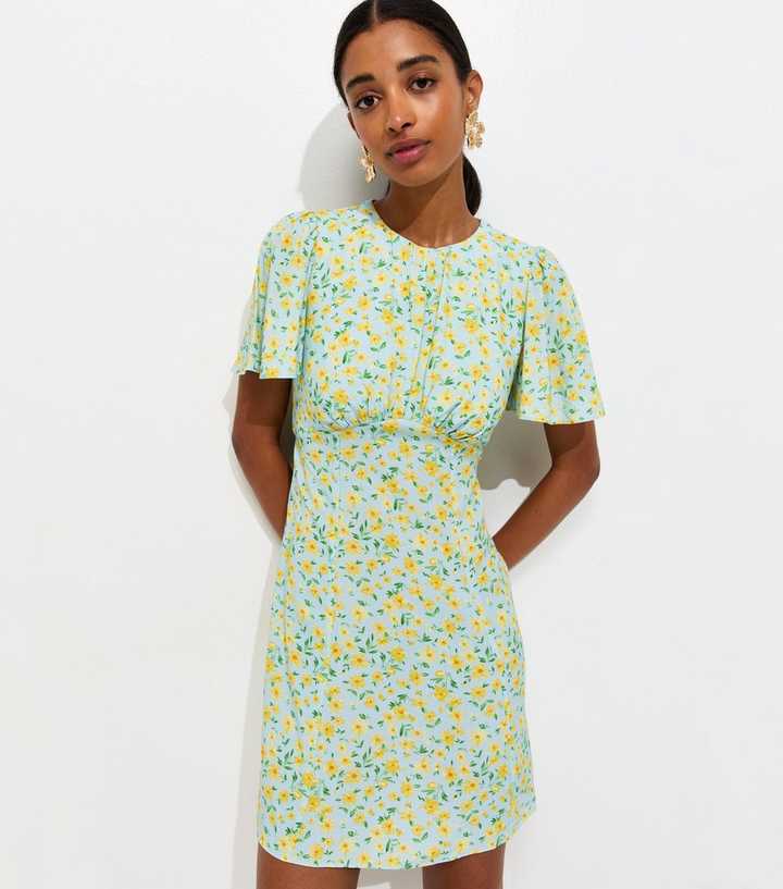 Blue Floral Flutter Sleeve Mini Dress