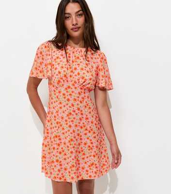 Orange Floral Flutter Sleeve Mini Dress