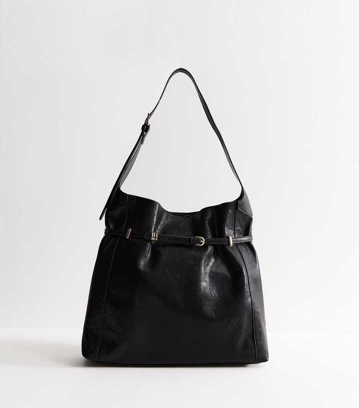 Black Faux Leather Belted Hobo Shoulder Bag