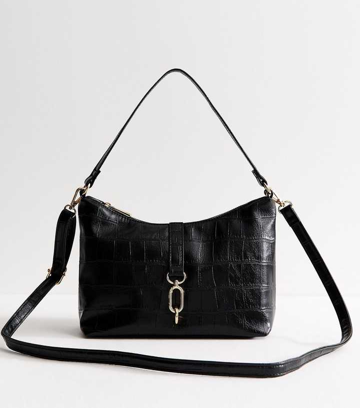 Black Faux Leather Crocodile Embossed Dual Strap Mini Shoulder Bag