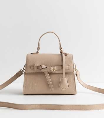 Mink Pebble Faux Leather Belted Front Top Handle Crossbody Bag