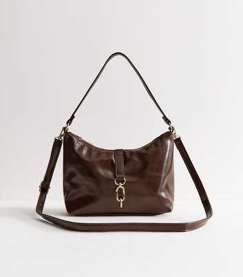 Dark Brown Patent Faux Leather Dual Strap Mini Shoulder Bag