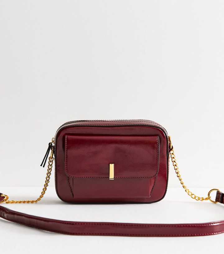 Dark Burgundy Faux Leather Bar Pocket Crossbody Bag