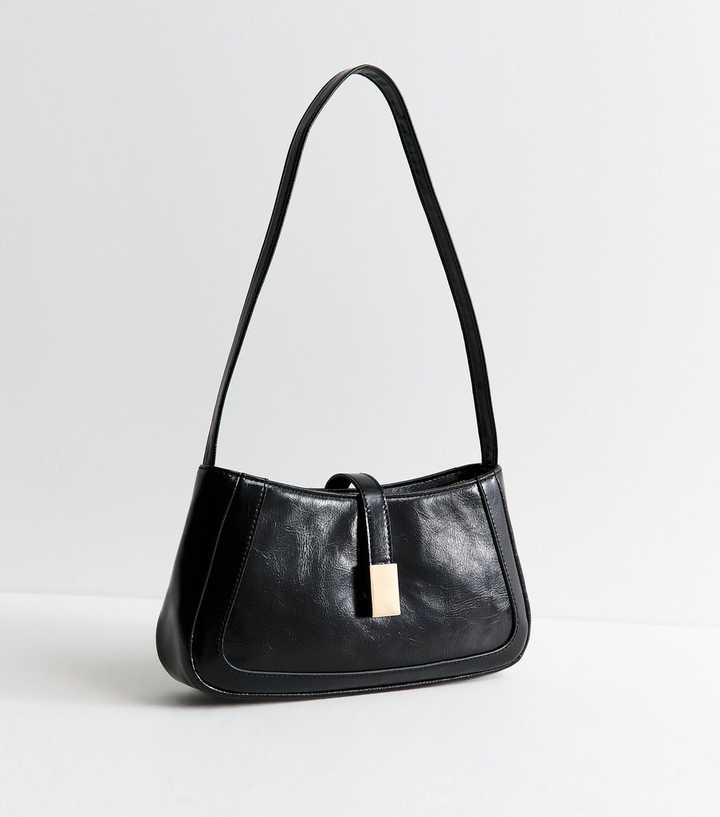 Black Faux Leather Clip Detail Shoulder Bag