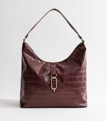 Dark Burgundy Faux Leather Crocodile Embossed Hobo Shoulder Bag