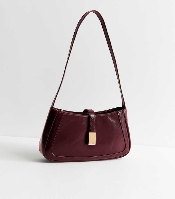 Dark Burgundy Faux Leather Clip Detail Shoulder Bag