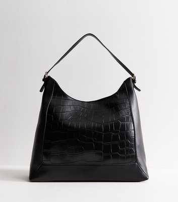 Black Faux Leather Crocodile Embossed Hobo Shoulder Bag