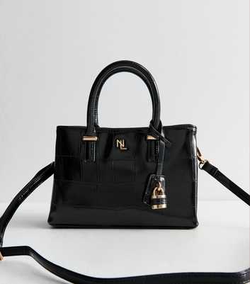 Black Faux Patent Leather Crocodile Embossed Crossbody Mini Bag