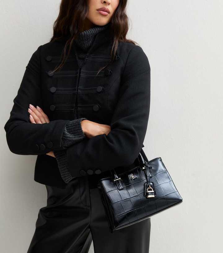 Black Faux Patent Leather Crocodile Embossed Crossbody Mini Bag