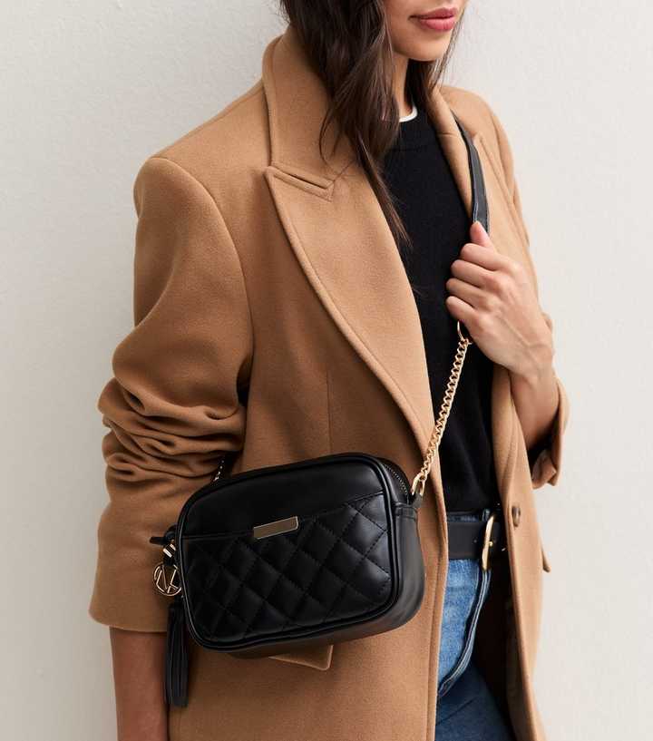 Black Faux Leather Chevron Quilted Pocket Crossbody Bag