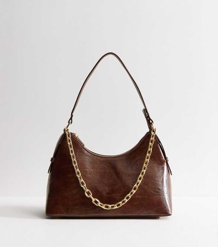 Dark Brown Patent Faux Leather Chain Strap Shoulder Bag