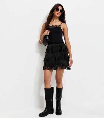 Black Faux Leather Gem Embellished Fringed Mini Skirt