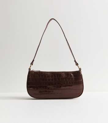Dark Brown Patent Faux Leather Crocodile Embossed Shoulder Bag