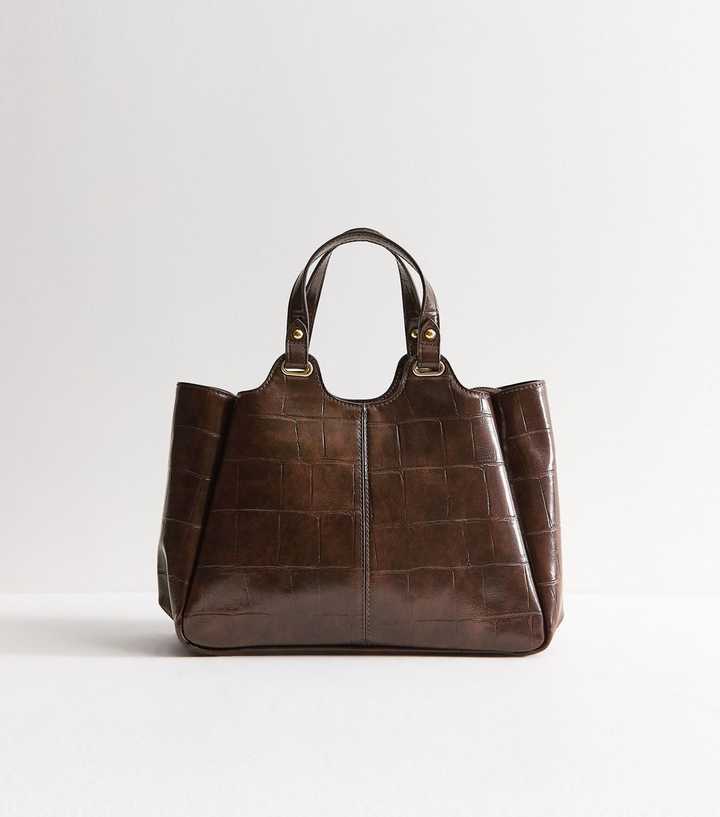 Dark Brown Faux Leather Crocodile Embossed Mini Shopper Tote