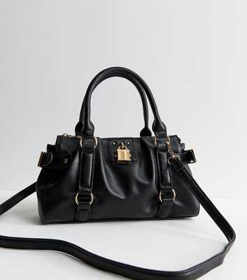 Black Faux Pebbled Leather Padlock Oversized Crossbody Bag