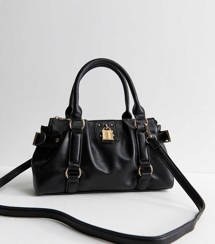 Black Faux Pebbled Leather Padlock Oversized Crossbody Bag
