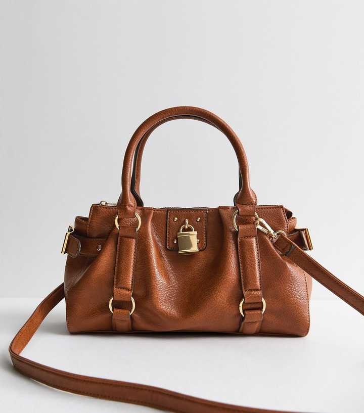 Tan Faux Pebbled Leather Padlock Oversized Crossbody Bag