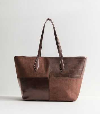 Dark Brown Faux Leather Patchwork Shopper Tote Bag