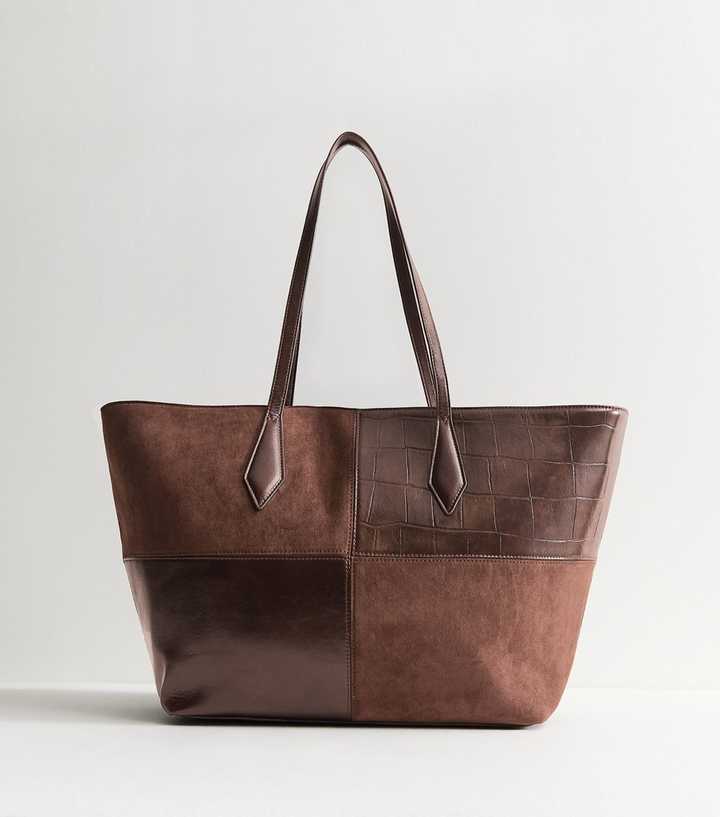 Dark Brown Faux Leather Patchwork Shopper Tote Bag