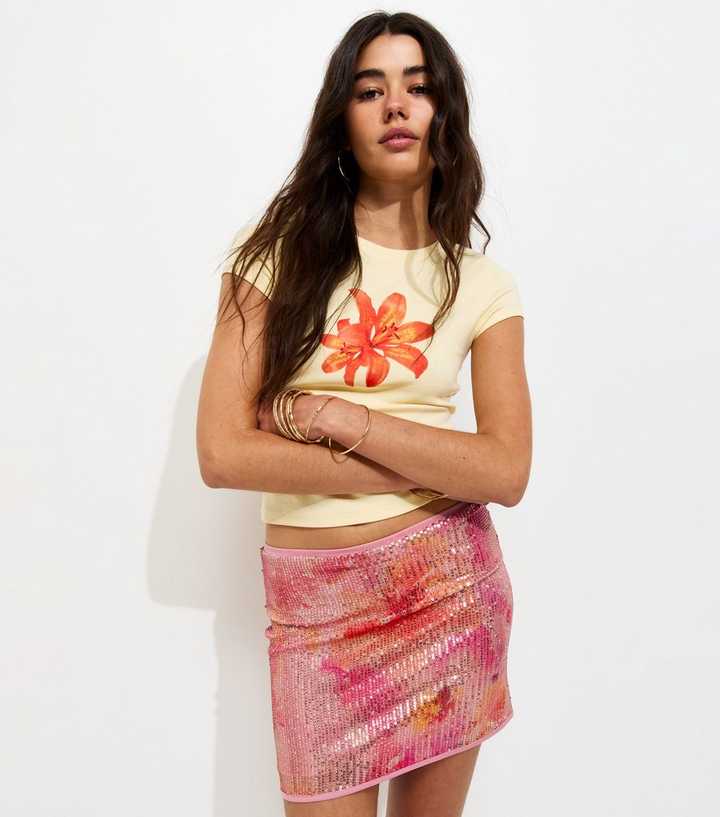 Pink Sequin Printed Mini Skirt