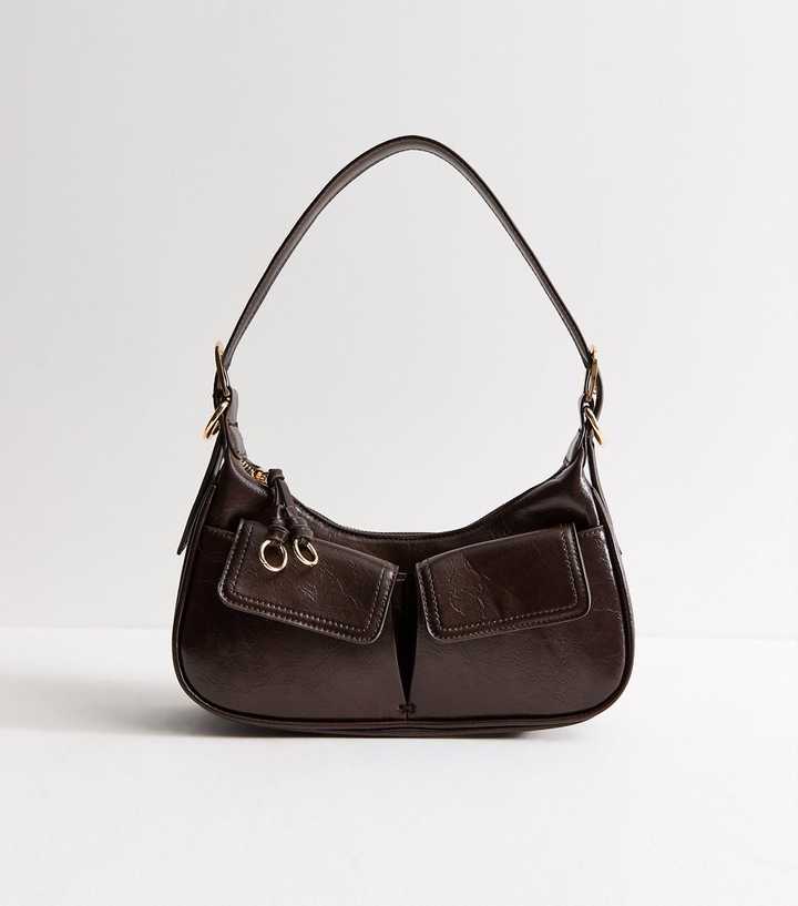 Dark Brown Patent Faux Leather Utility Shoulder Bag