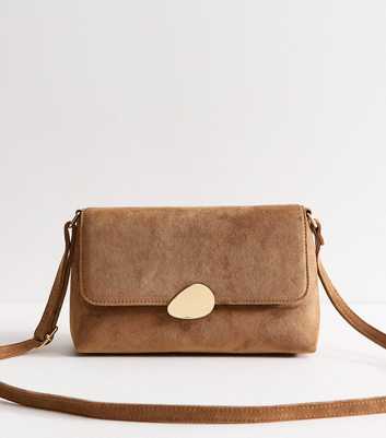 Tan Faux Suede Pebble Clasp Crossbody Bag
